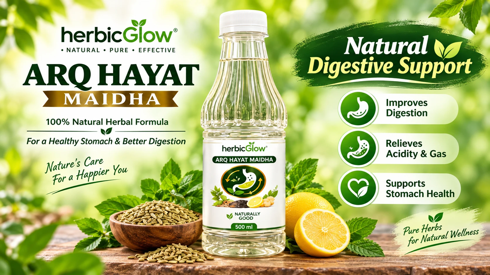 Herbic Glow Arq Hayat Maidha natural herbal digestive support Pakistan