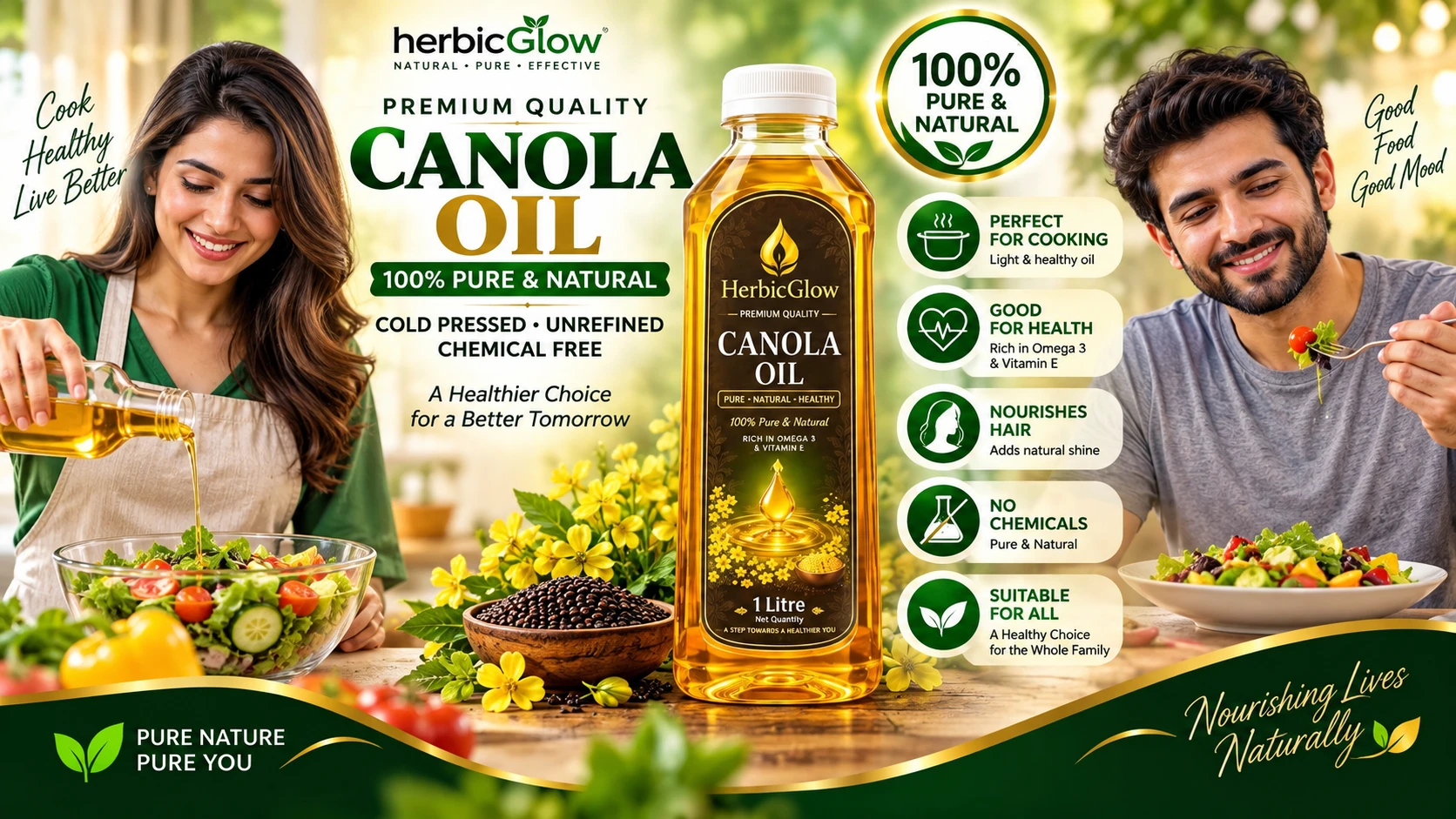 Herbic Glow Premium Canola Oil 1 litre pure natural cooking oil Pakistan