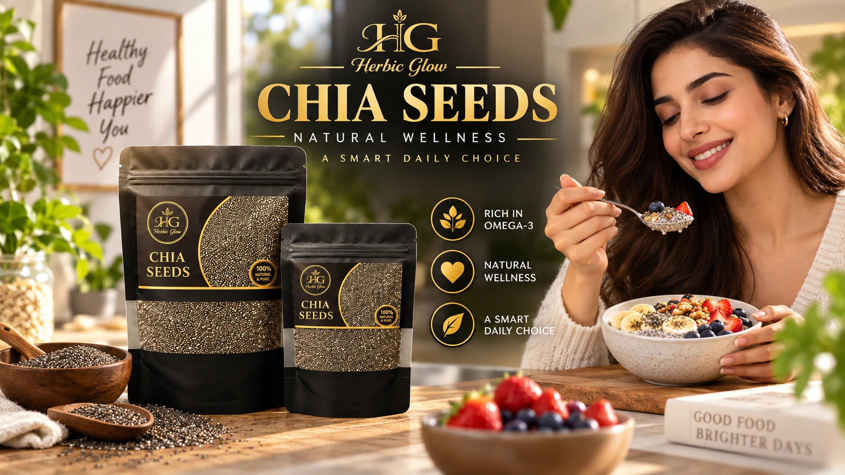 Herbic Glow Chia Seeds healthy breakfast Omega 3 natural nutrition