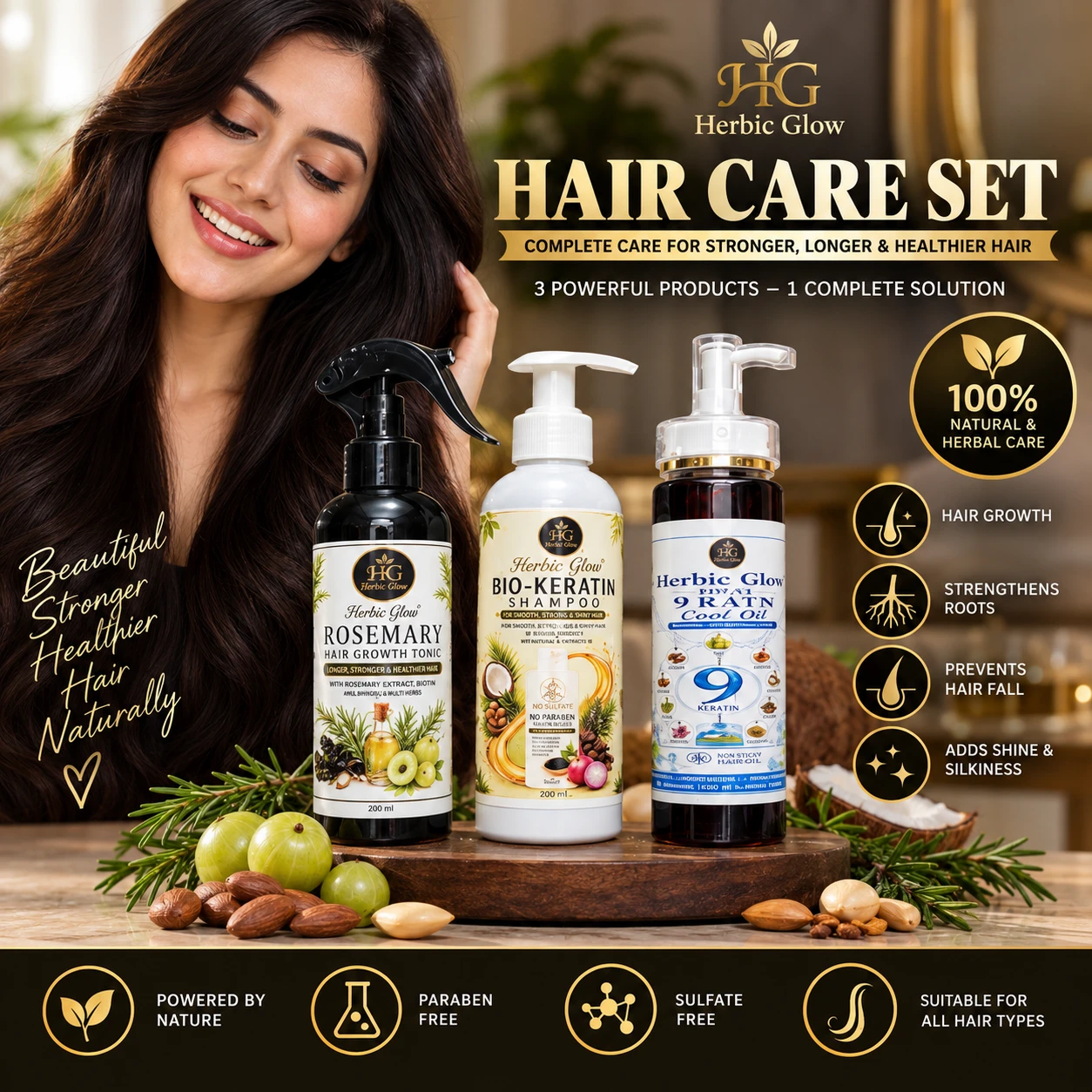 Herbic Glow Hair Care Set with Rosemary Hair Growth Tonic Bio Keratin Shampoo and 9 Ratn Cool Oil
