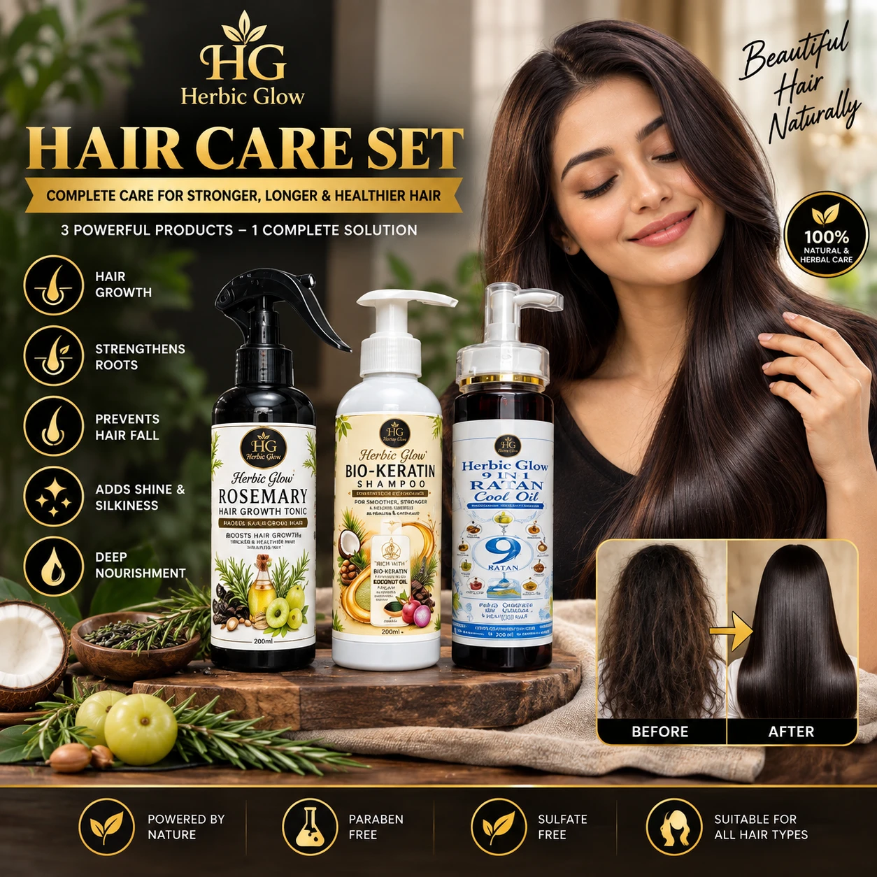 Herbic Glow complete hair care routine for stronger roots reduced hair fall and shiny hair