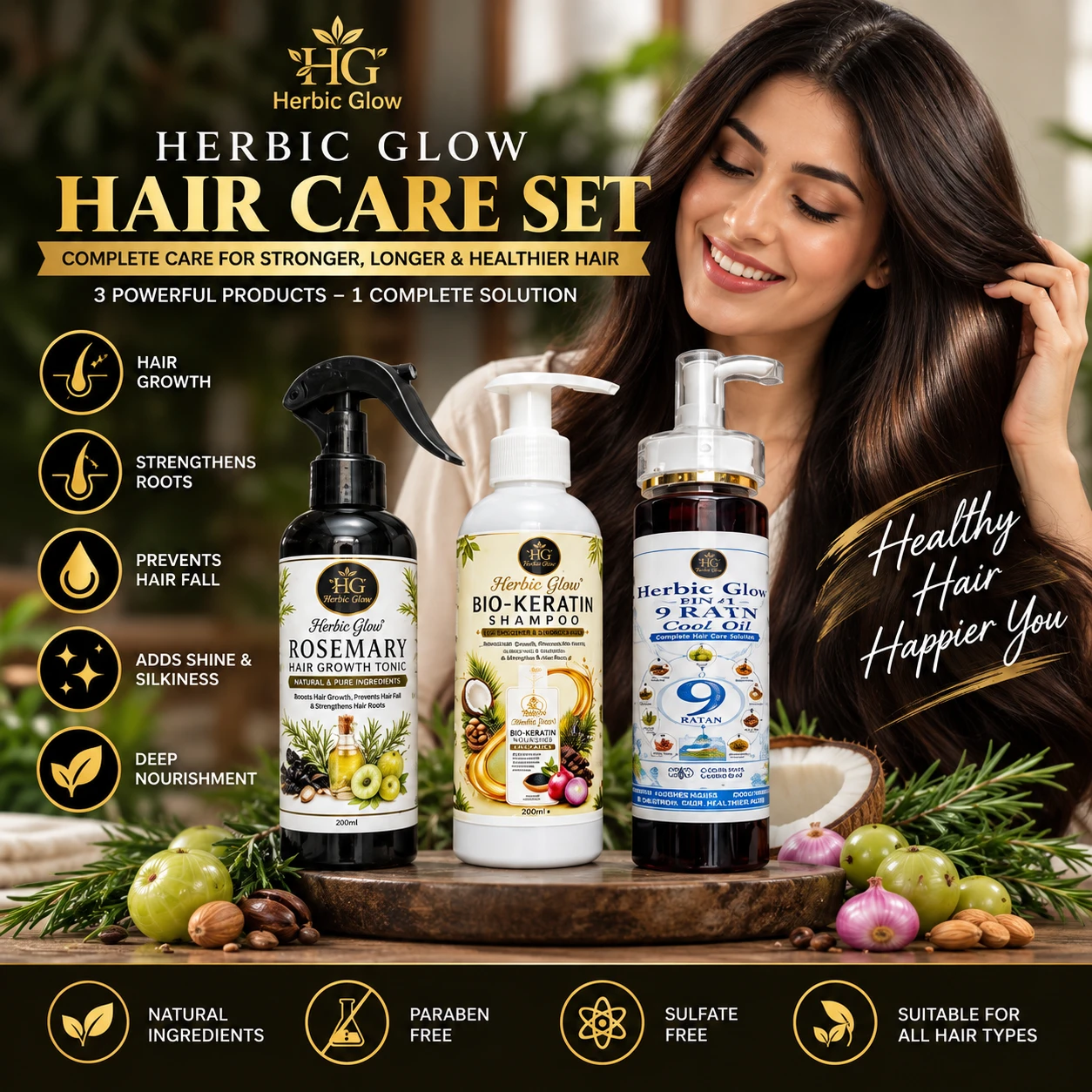 Herbic Glow Hair Care Set natural herbal hair care rosemary tonic keratin shampoo and 9 Ratn oil