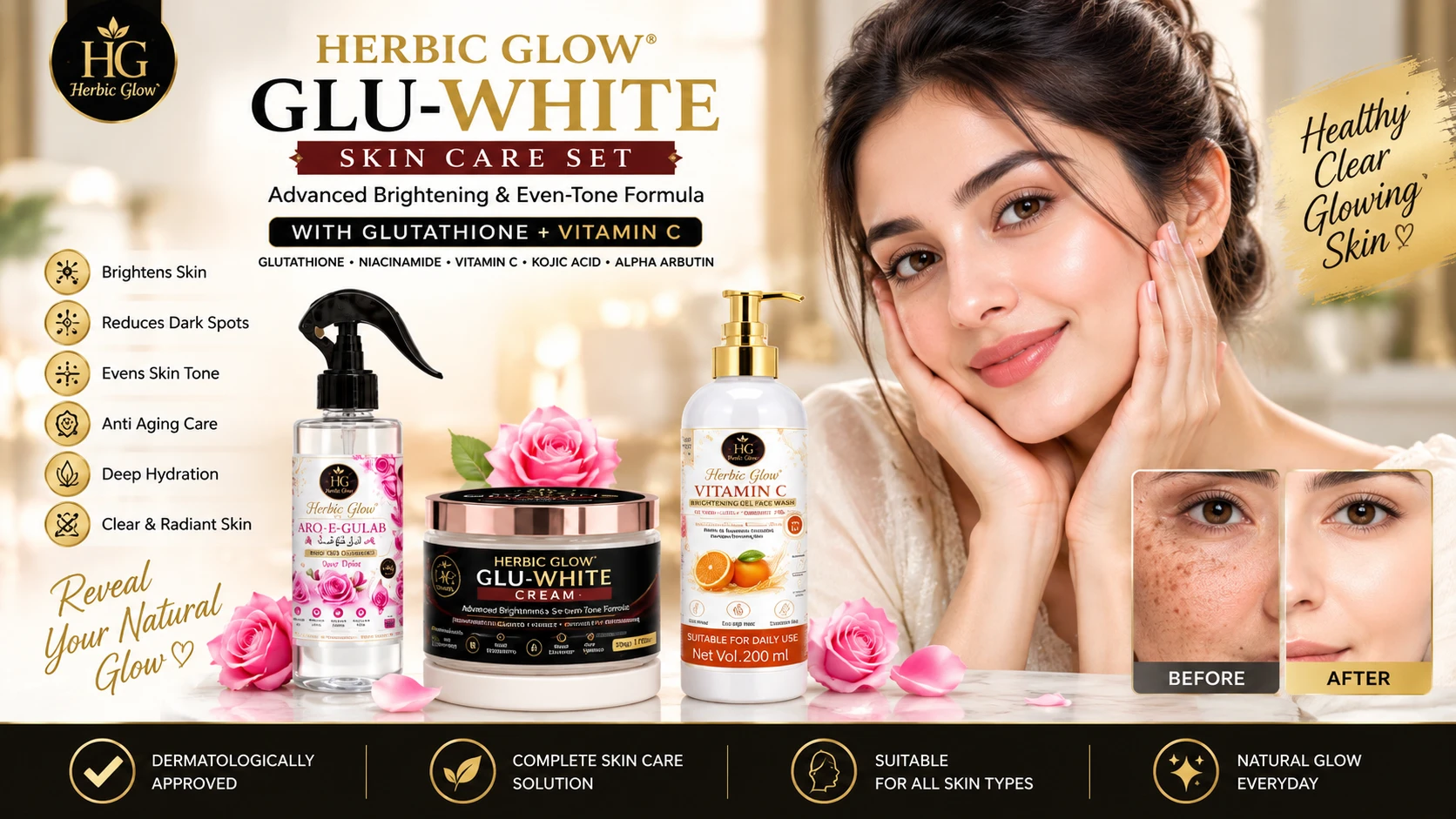 Herbic Glow Glu-White Skin Care Set with Rose Water Vitamin C Face Wash and Glu-White Cream