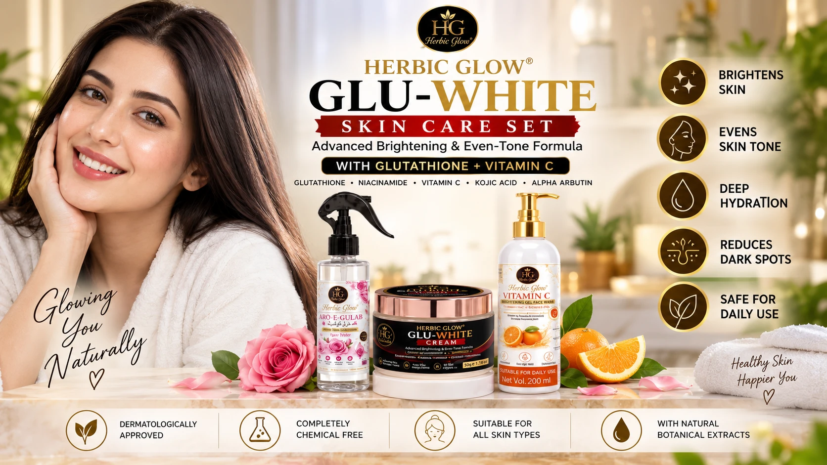 Herbic Glow Glu White Skin Care Set brightening hydration rose water and vitamin C skincare