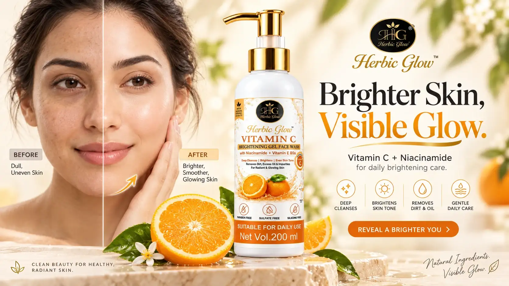 Herbic Glow Vitamin C Brightening Gel Face Wash for brighter glowing skin