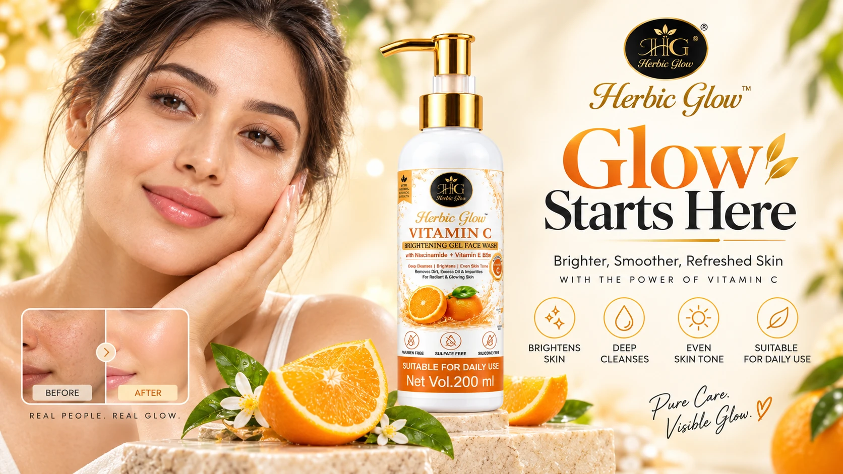 Herbic Glow Vitamin C Face Wash with Niacinamide Vitamin E and B5