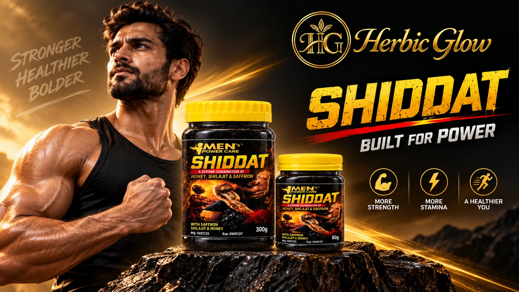 Shiddat power and energy men's wellness banner by Herbic Glow