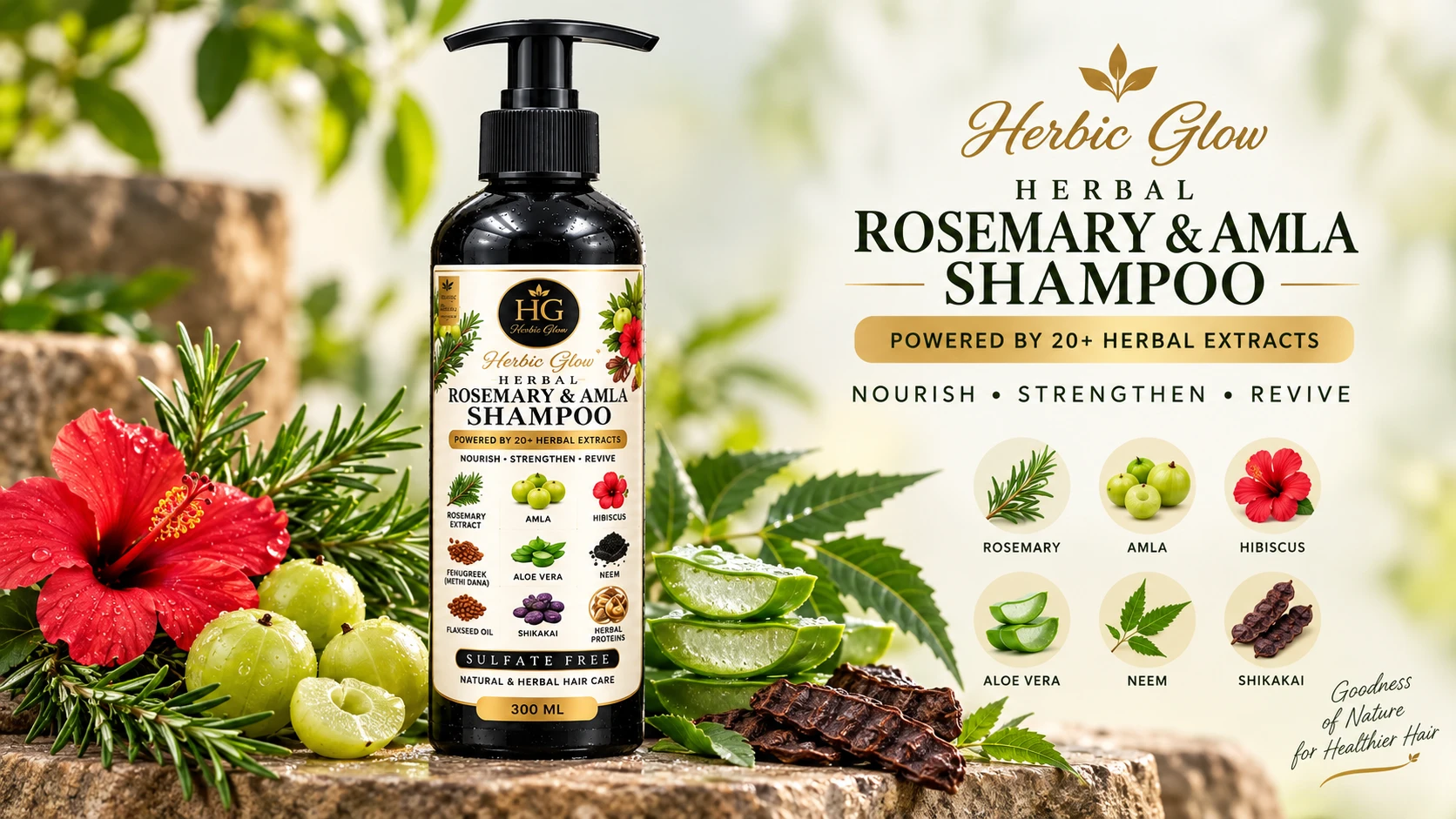 Rosemary Amla Shampoo ingredients Hibiscus Fenugreek Aloe Vera Neem and Shikakai