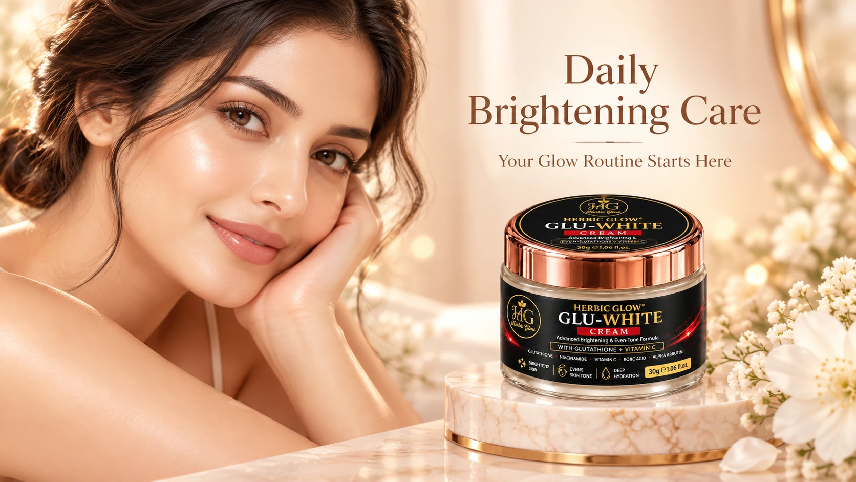 Glu White Cream Glutathione Vitamin C Niacinamide Kojic Acid Alpha Arbutin