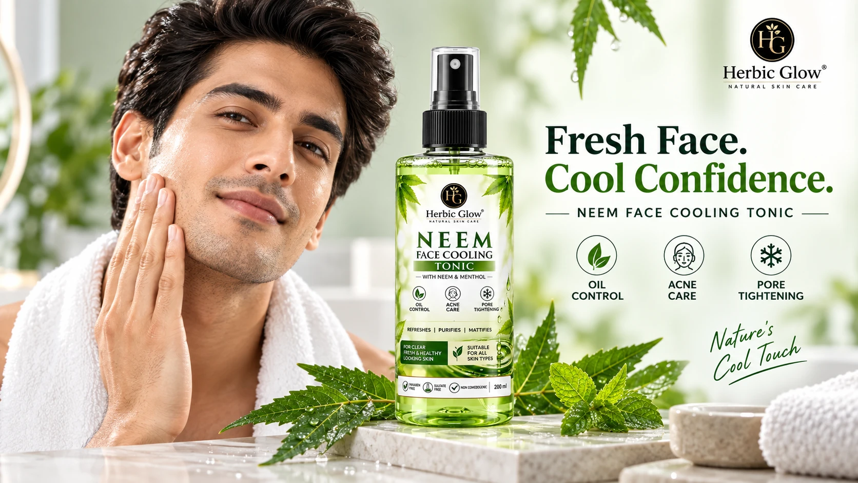 Herbic Glow Neem Face Cooling Tonic for men oil control acne care and pore appearance
