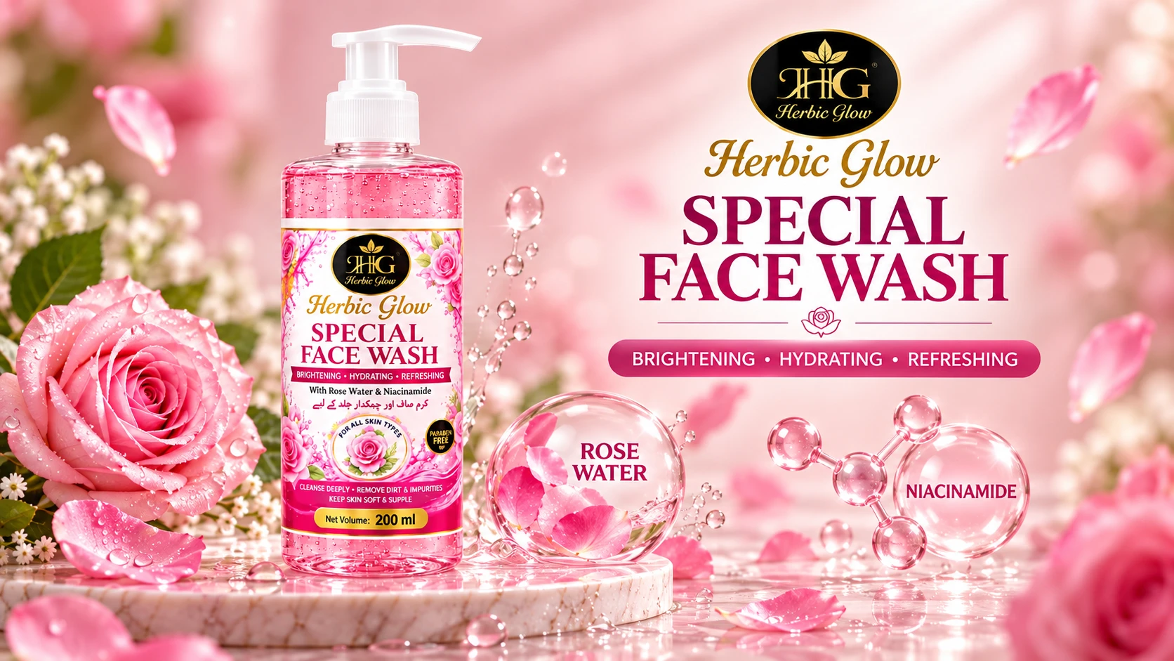 Herbic Glow Special Face Wash Rose Water and Niacinamide ingredients Pakistan