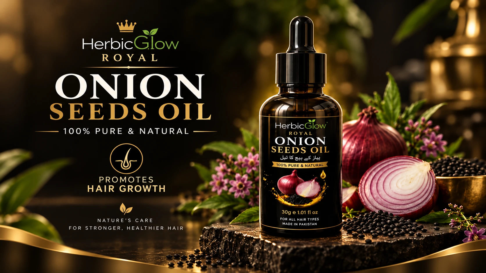 Herbic Glow Royal Onion Seeds Oil Pakistan for stronger healthier looking hair