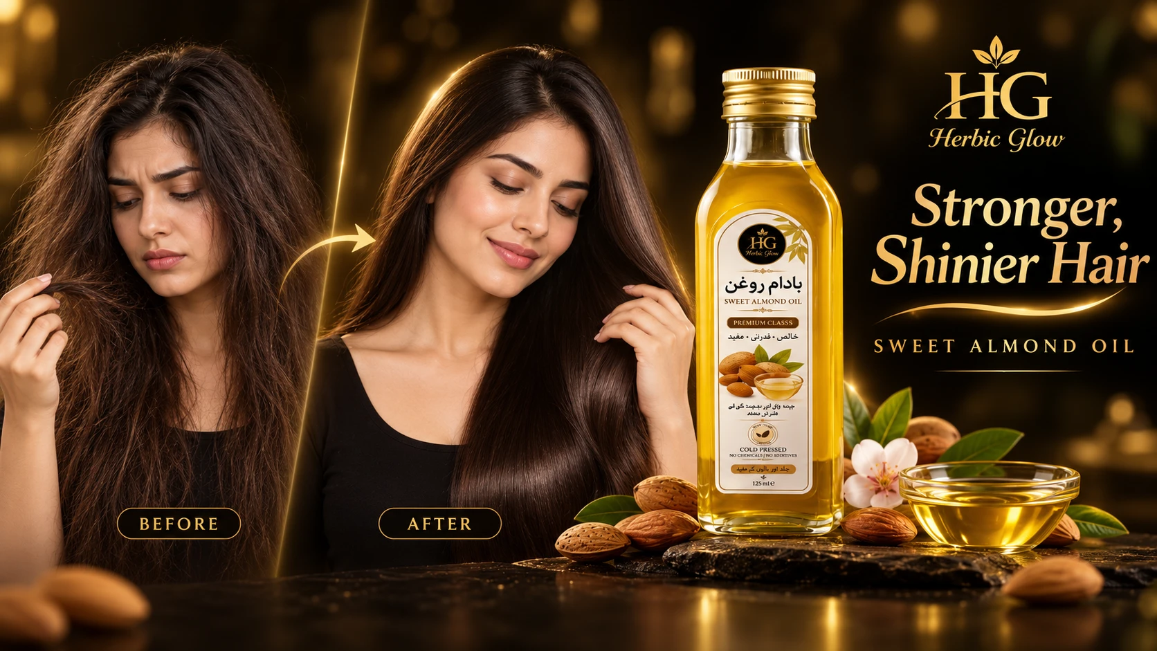 Sweet Almond Oil before after hair and skin care results Herbic Glow Badam Roghan