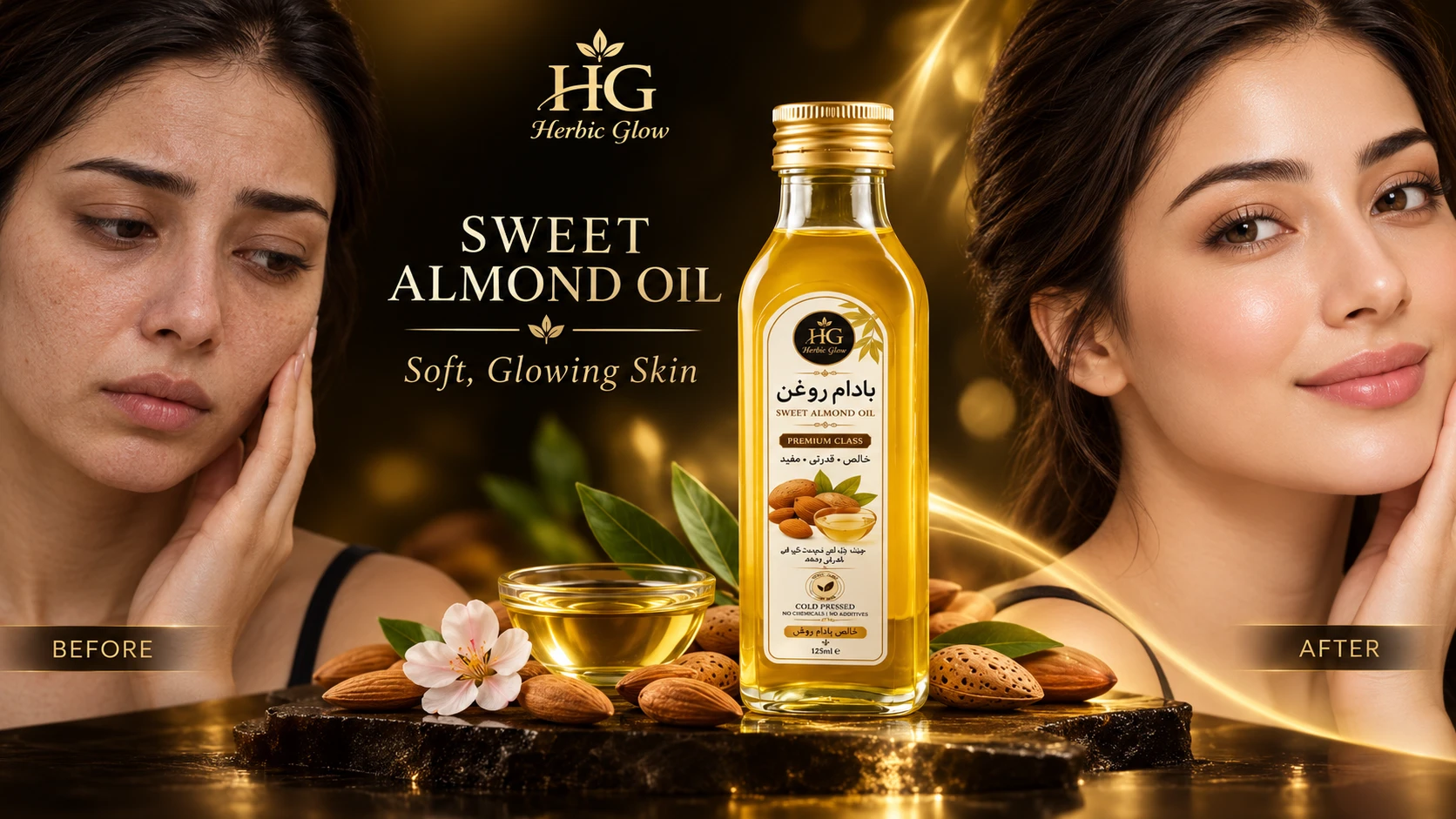 Herbic Glow Sweet Almond Oil Badam Roghan pure cold pressed almond oil Pakistan