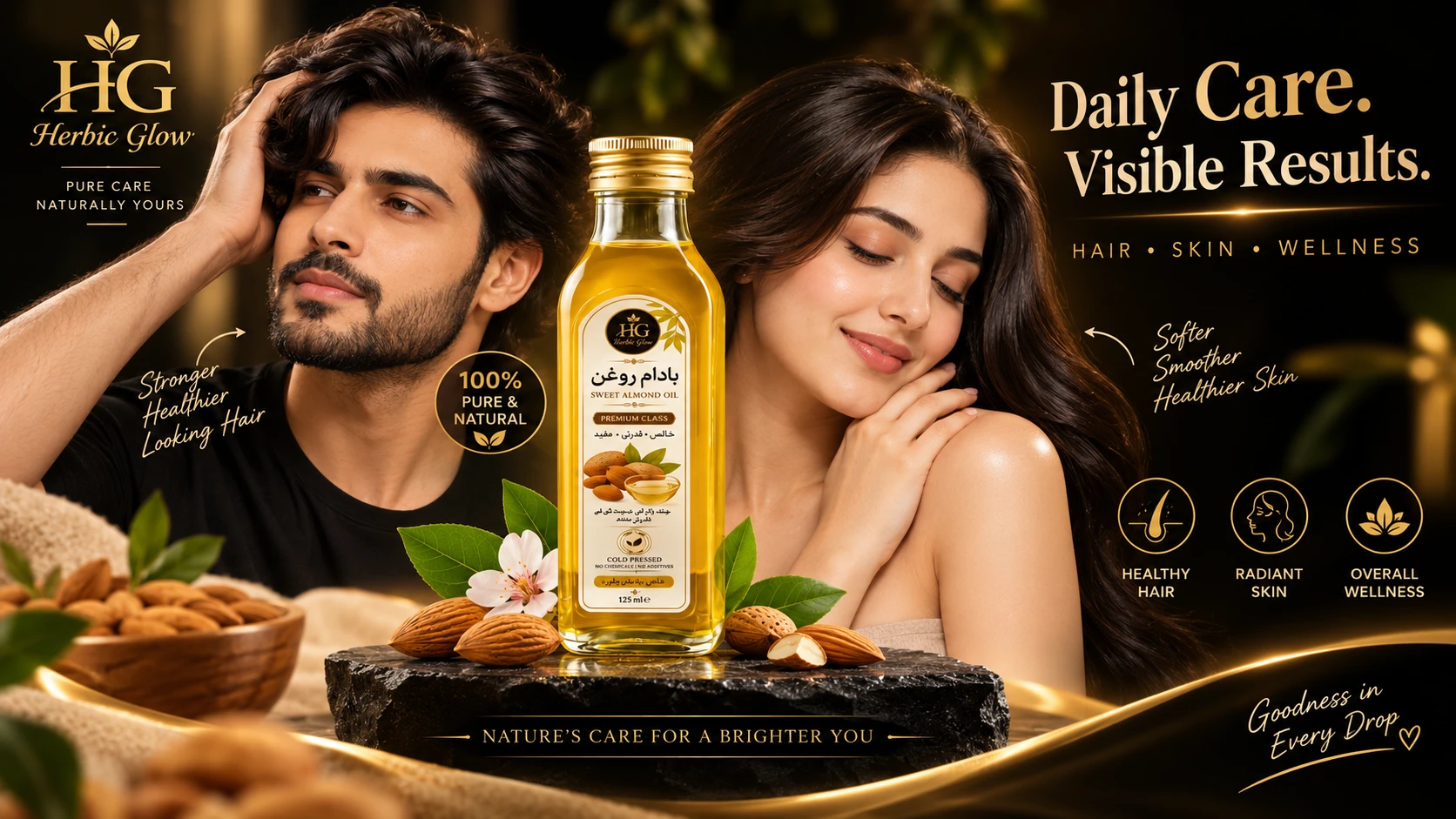 Herbic Glow Sweet Almond Oil natural care hair skin wellness Pakistan
