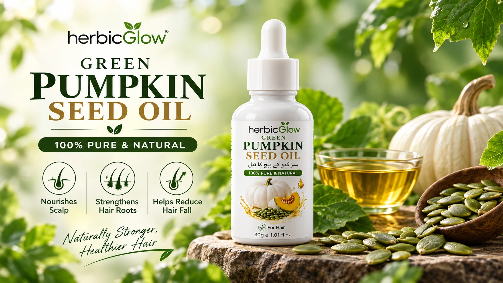 Herbic Glow Green Pumpkin Seed Oil for stronger healthier hair in Pakistan