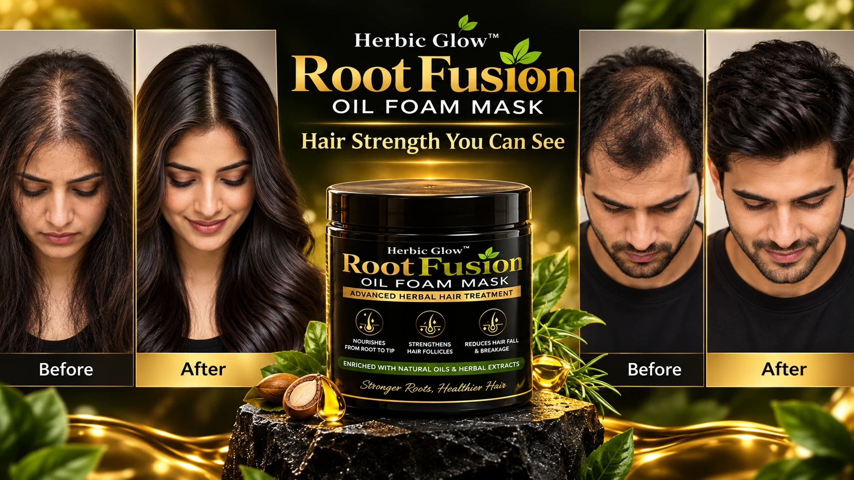 Herbic Glow Root Fusion Oil Foam Mask men women before after hair treatment results