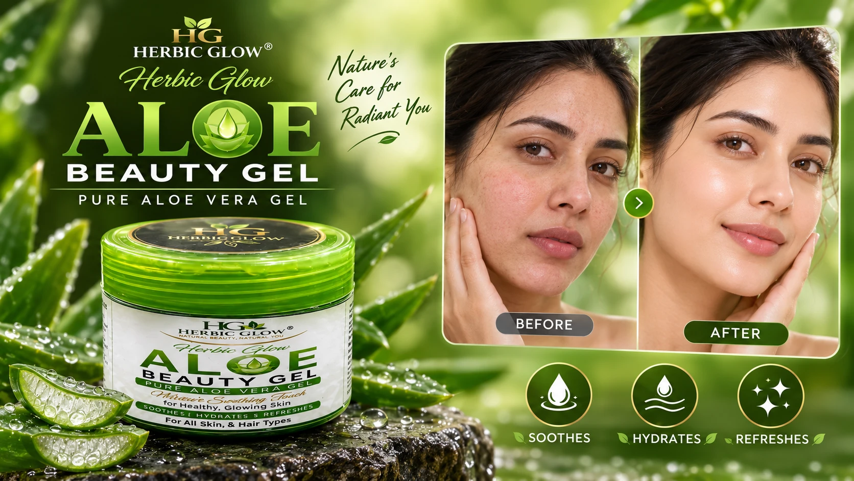 Herbic Glow Aloe Beauty Gel before and after hydrated smoother glowing skin