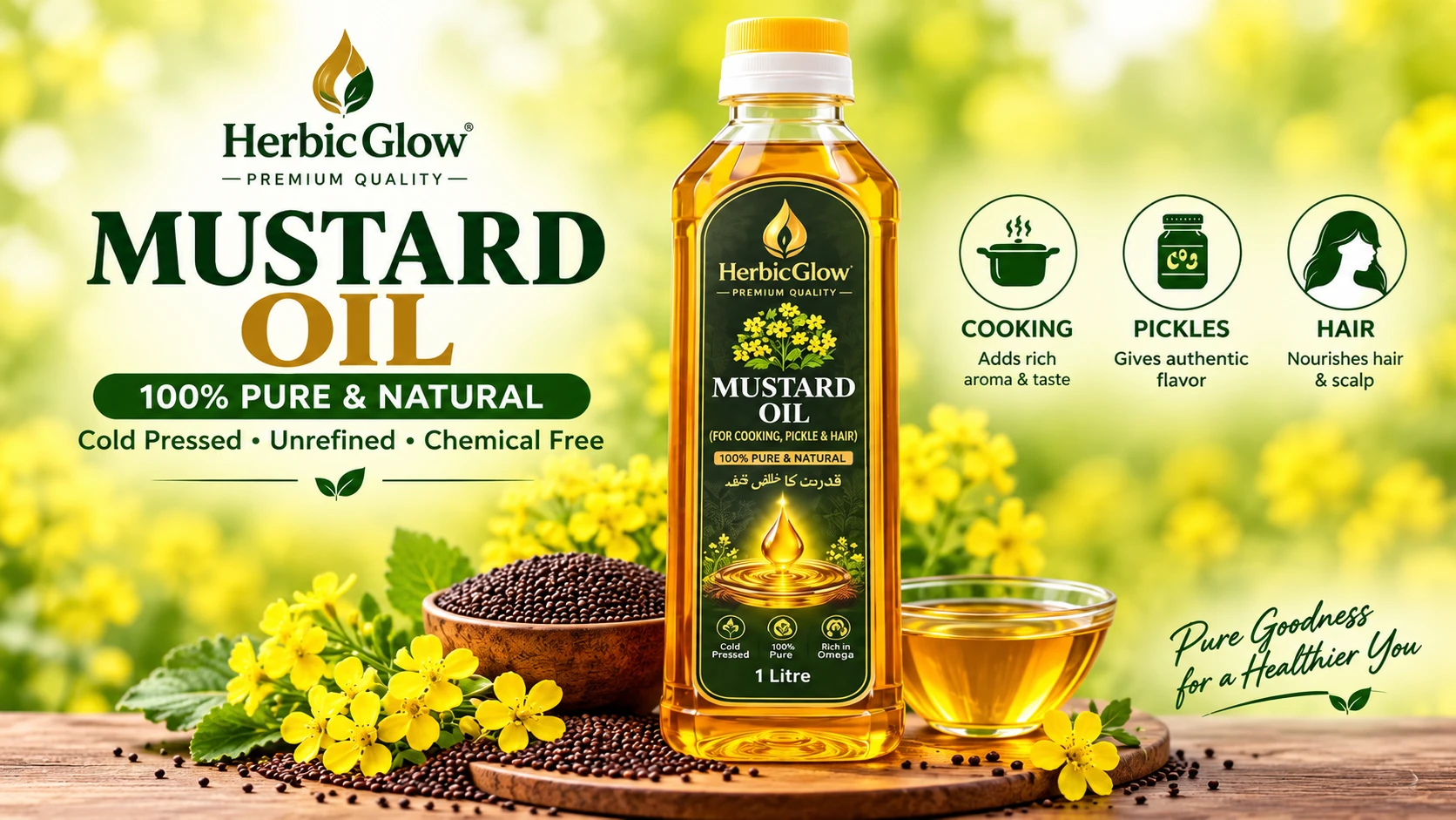 Herbic Glow pure cold pressed mustard oil in Pakistan for cooking pickles and hair