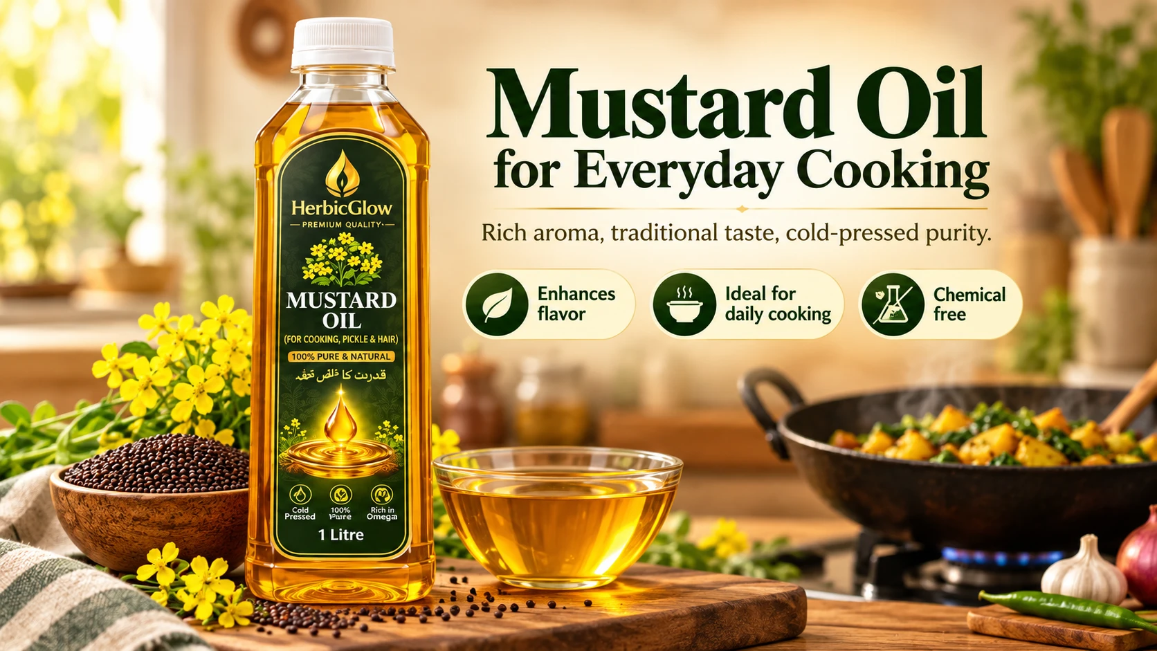 Herbic Glow mustard oil for traditional everyday cooking cold pressed pure natural oil