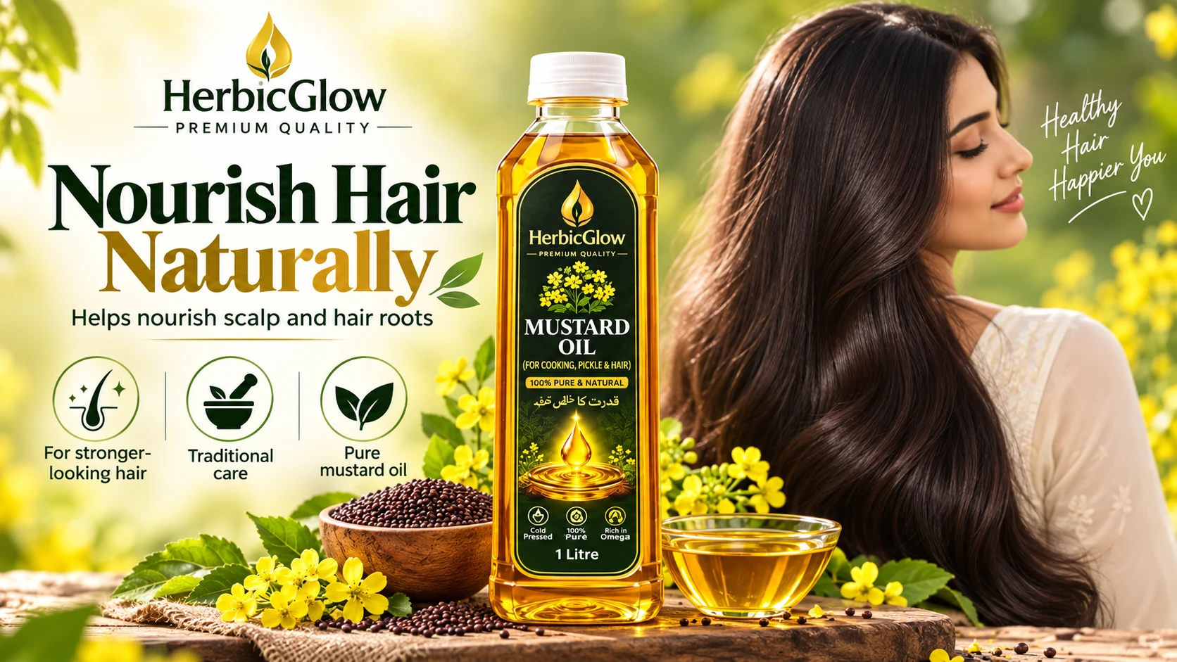 Herbic Glow Mustard Oil for hair scalp nourishment stronger roots and natural hair care