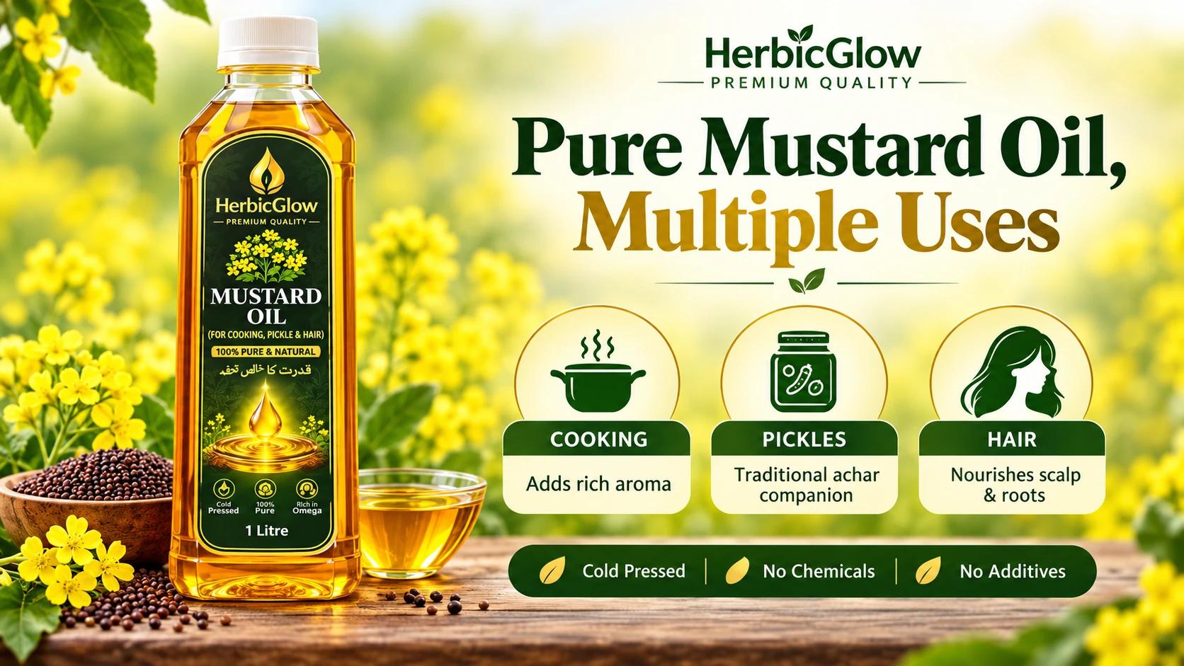 Pure Herbic Glow Mustard Oil multiple uses cooking pickles hair cold pressed natural Pakistan